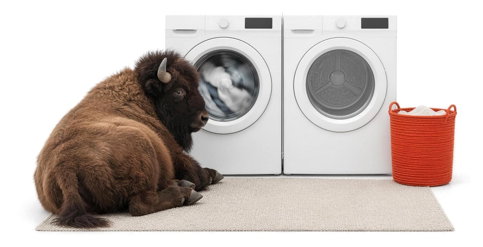 A bison lying on a rug watching a front-load washer spin beside a matching dryer and an orange laundry basket.