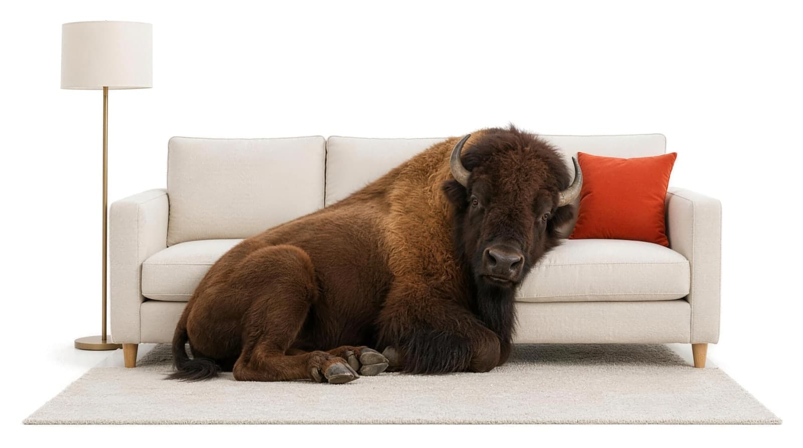 A bison lying against a cream sofa beside a floor lamp and an orange cushion.