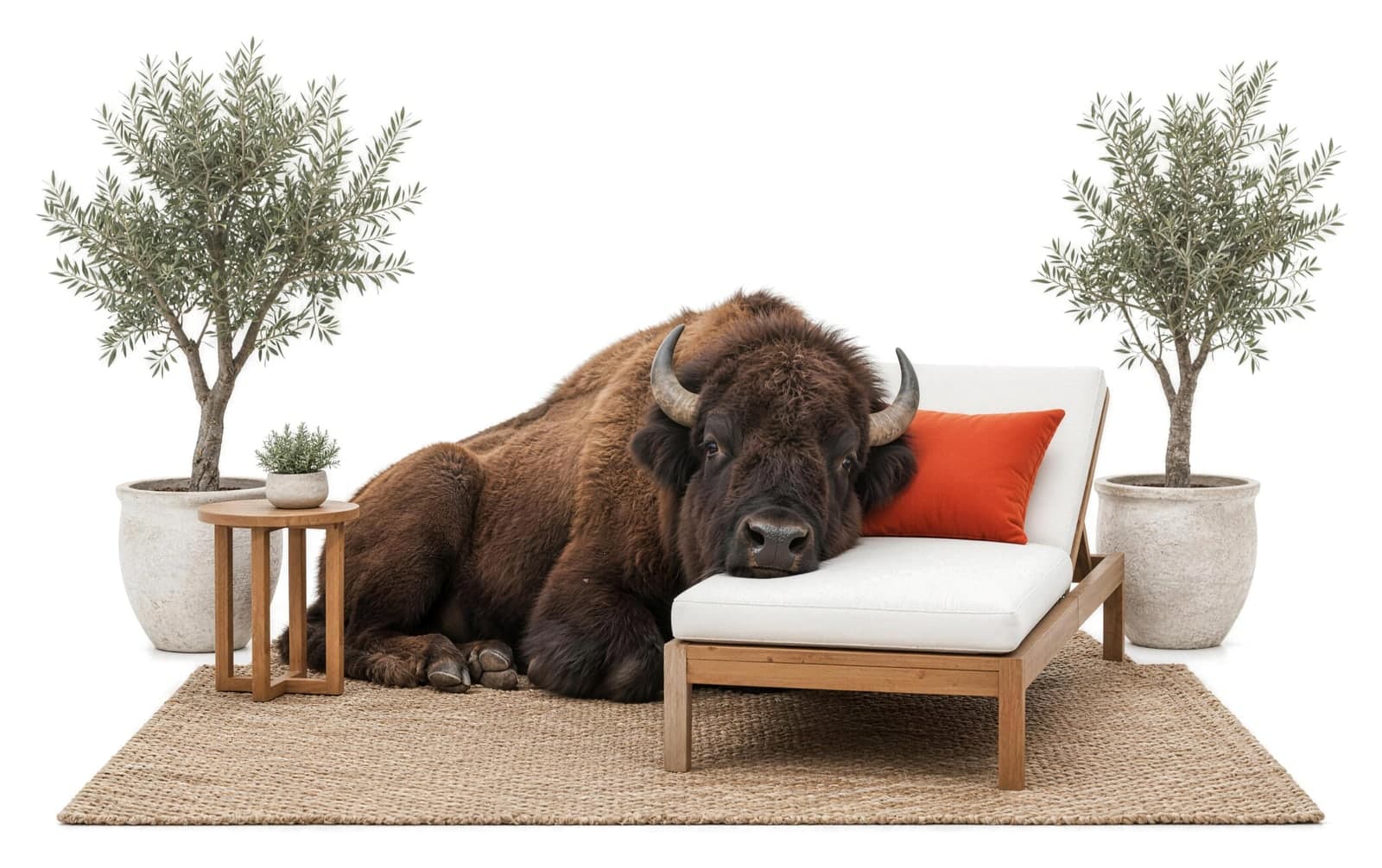 A bison resting its head on a teak chaise lounge with an orange cushion, potted olive trees and a side table around it.