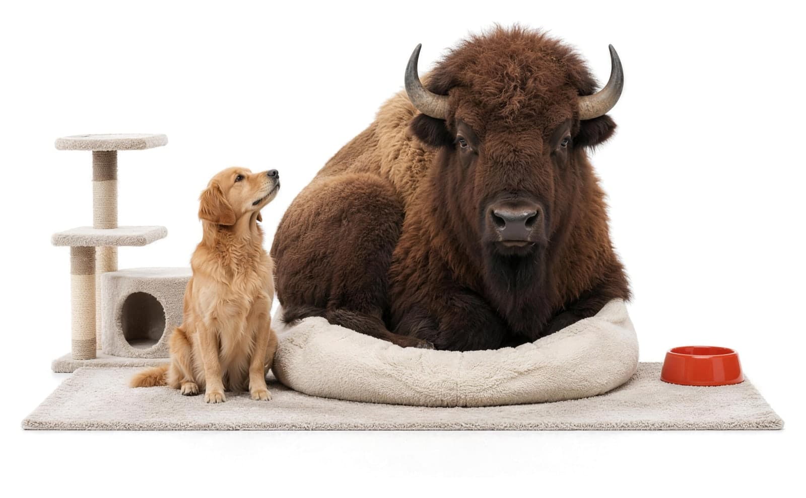 A bison curled up in an oversized pet bed while a golden retriever looks up at it, a cat tree and an orange bowl nearby.
