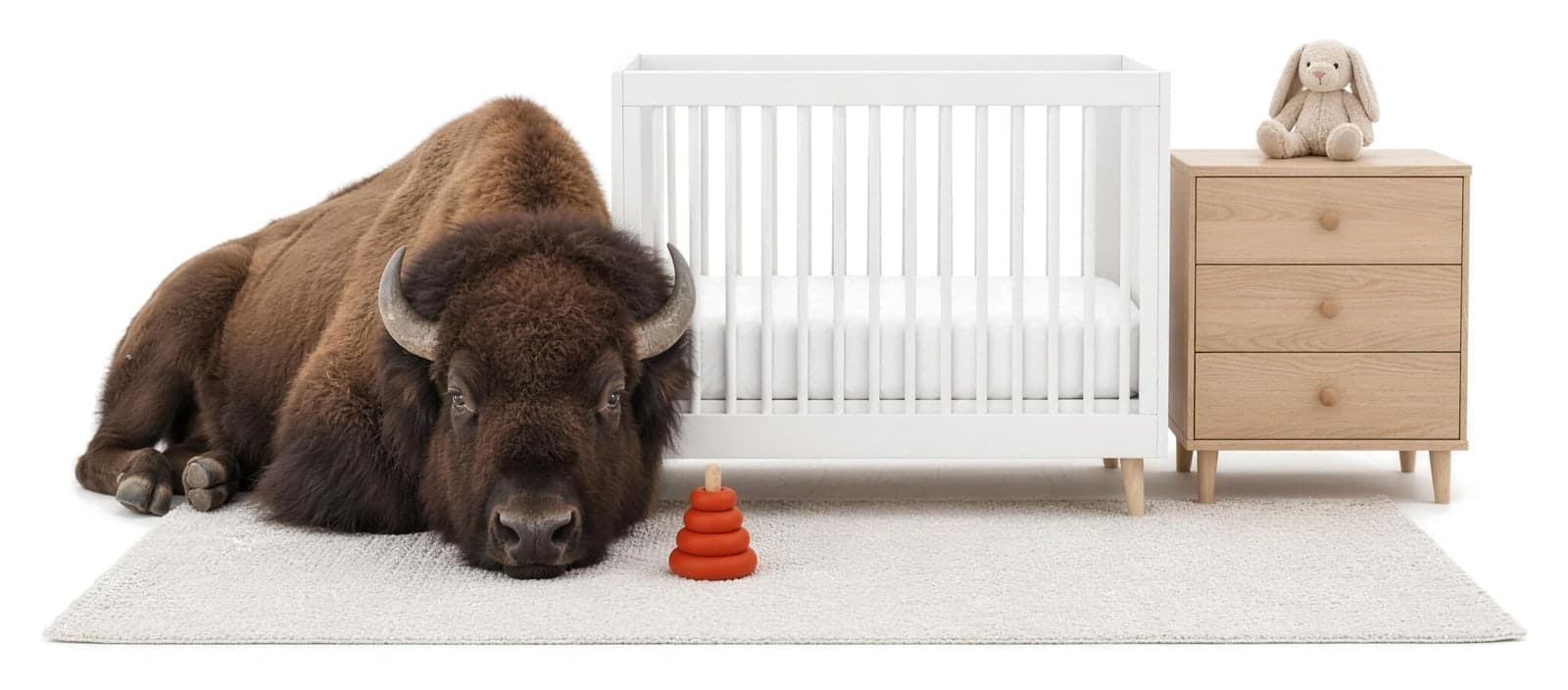 A bison resting its chin on a nursery rug beside a white crib, a wooden dresser, and an orange stacking toy.