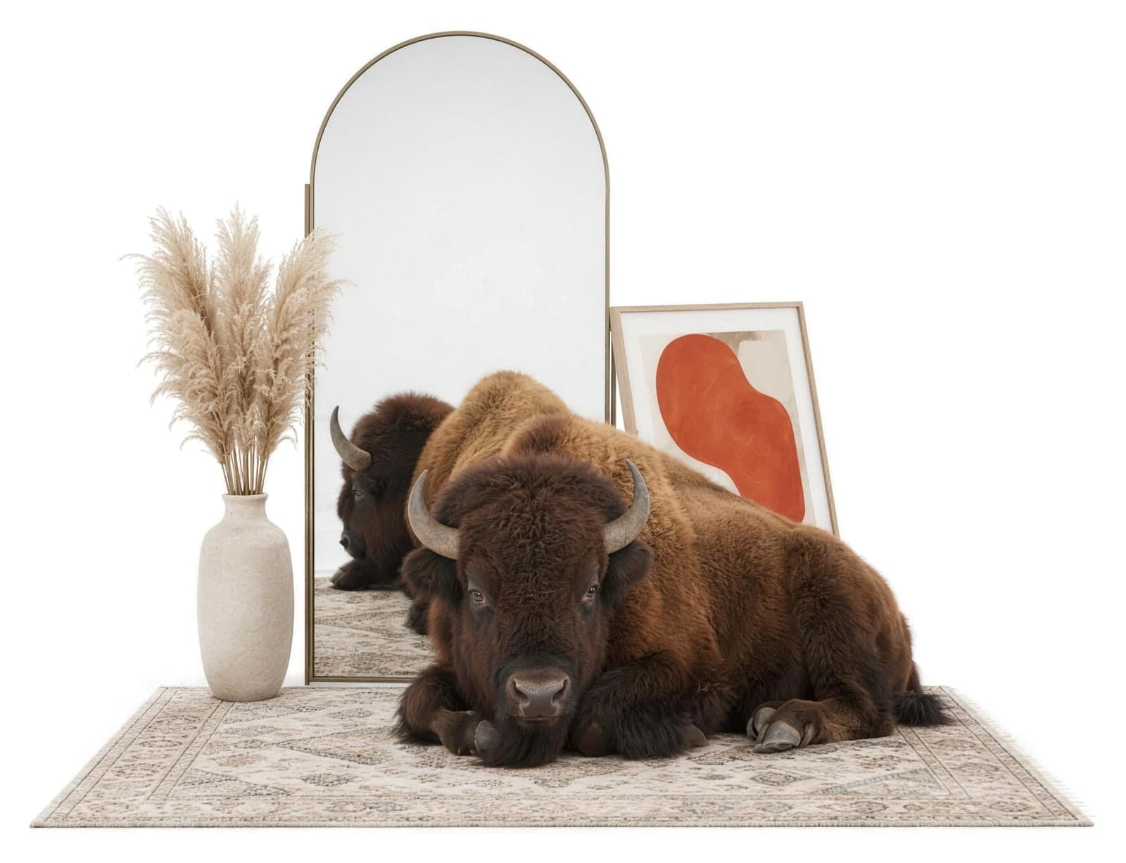 A bison lying on a patterned rug in front of an arched floor mirror, a vase of pampas grass and framed orange art beside it.