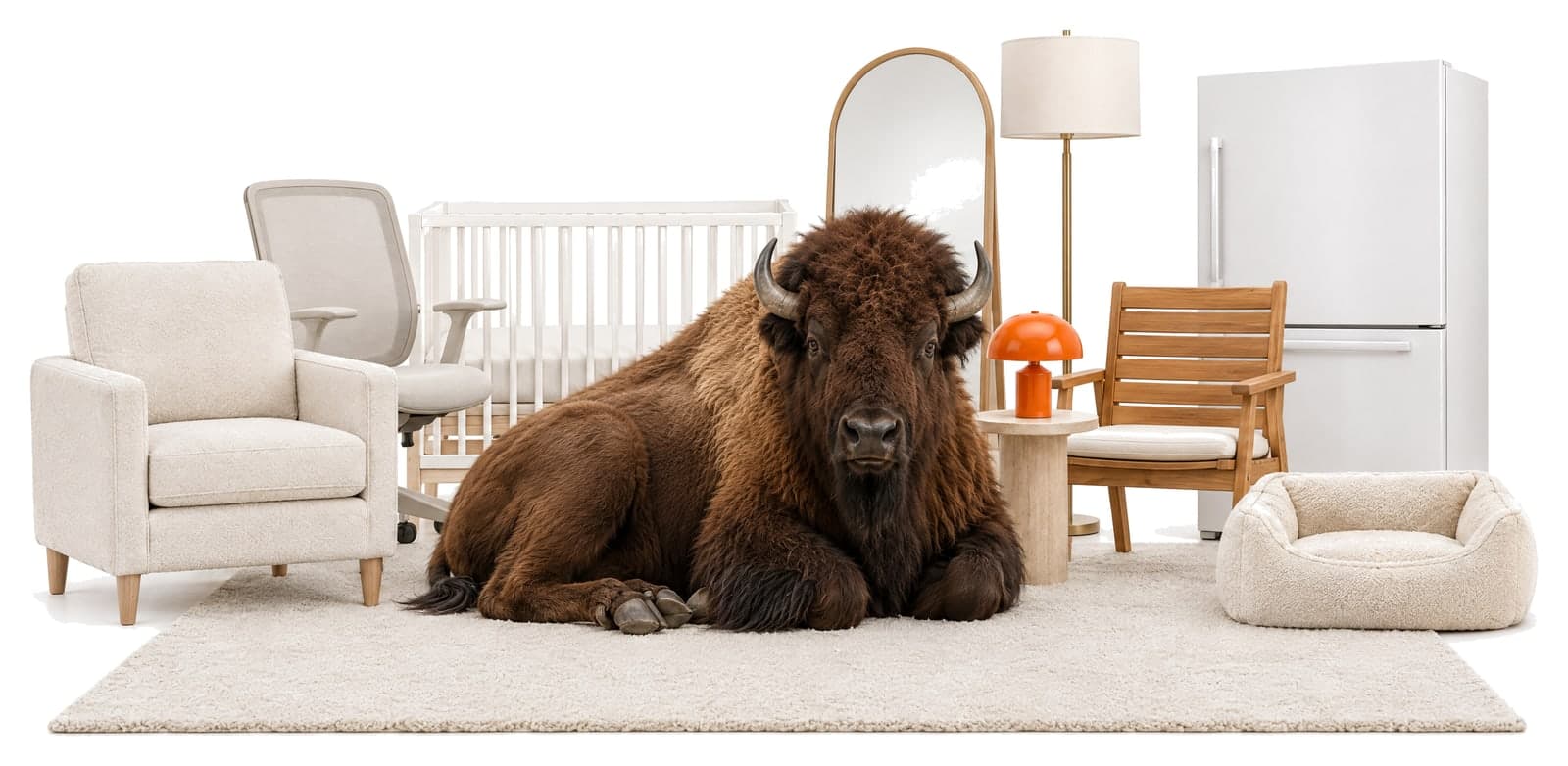 A bison lying on a rug among products from every category: an armchair, an office chair, a crib, a floor mirror, a floor lamp, an orange table lamp, a patio chair, a refrigerator, and a pet bed.