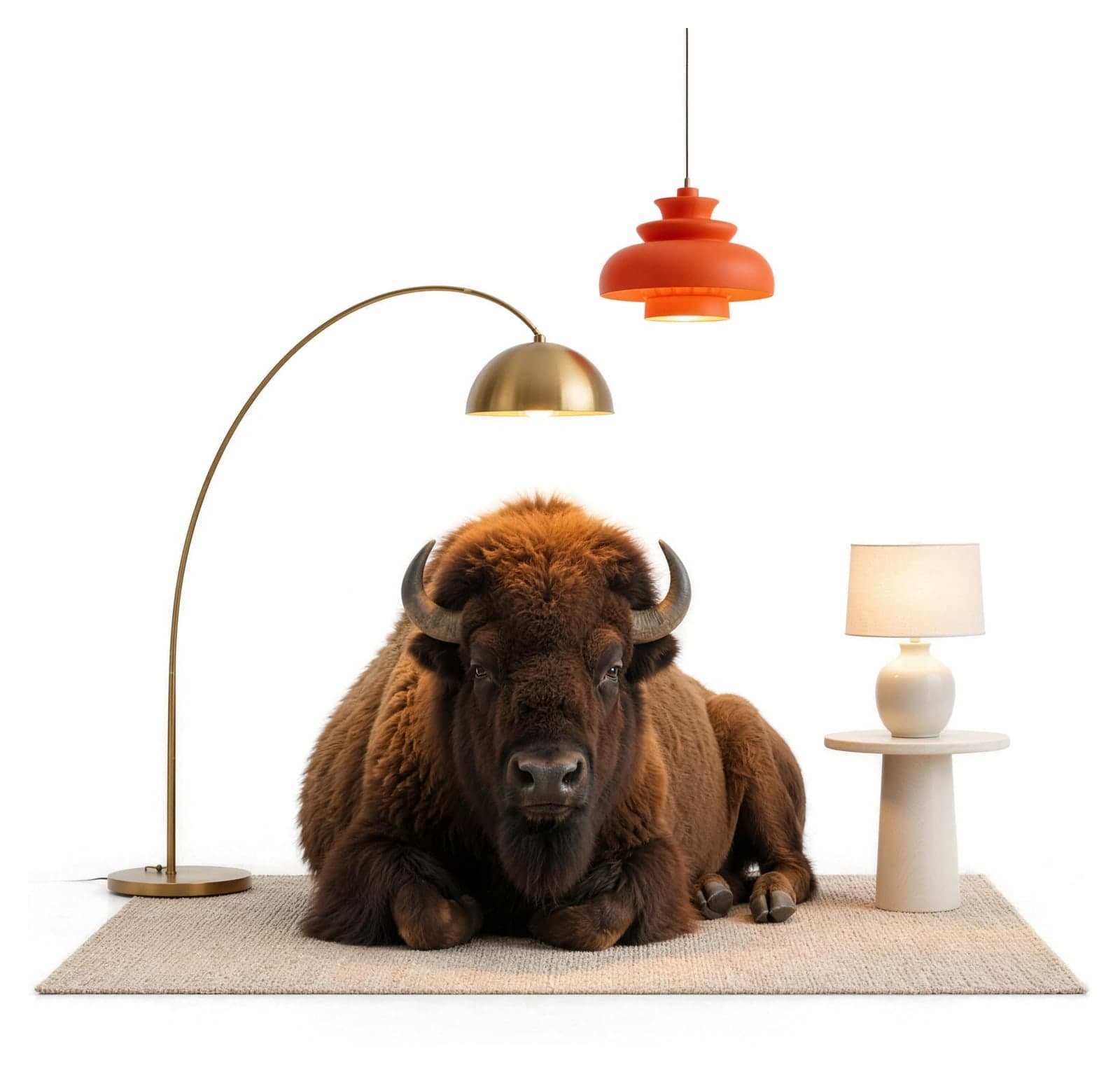 A bison lying on a rug under a brass arc floor lamp and an orange pendant, a table lamp on a side table beside it.