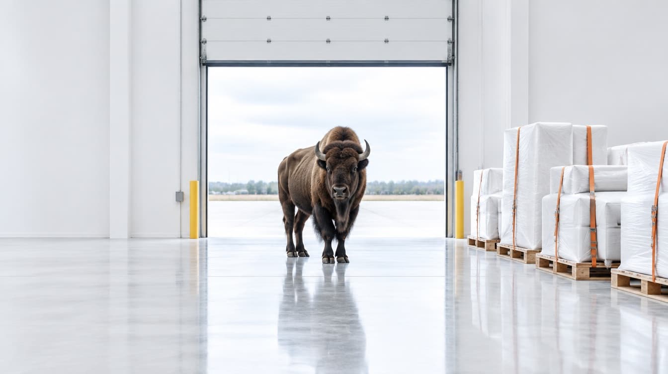 A bison standing in the open loading bay of a bright warehouse, beside wrapped pallets ready to ship