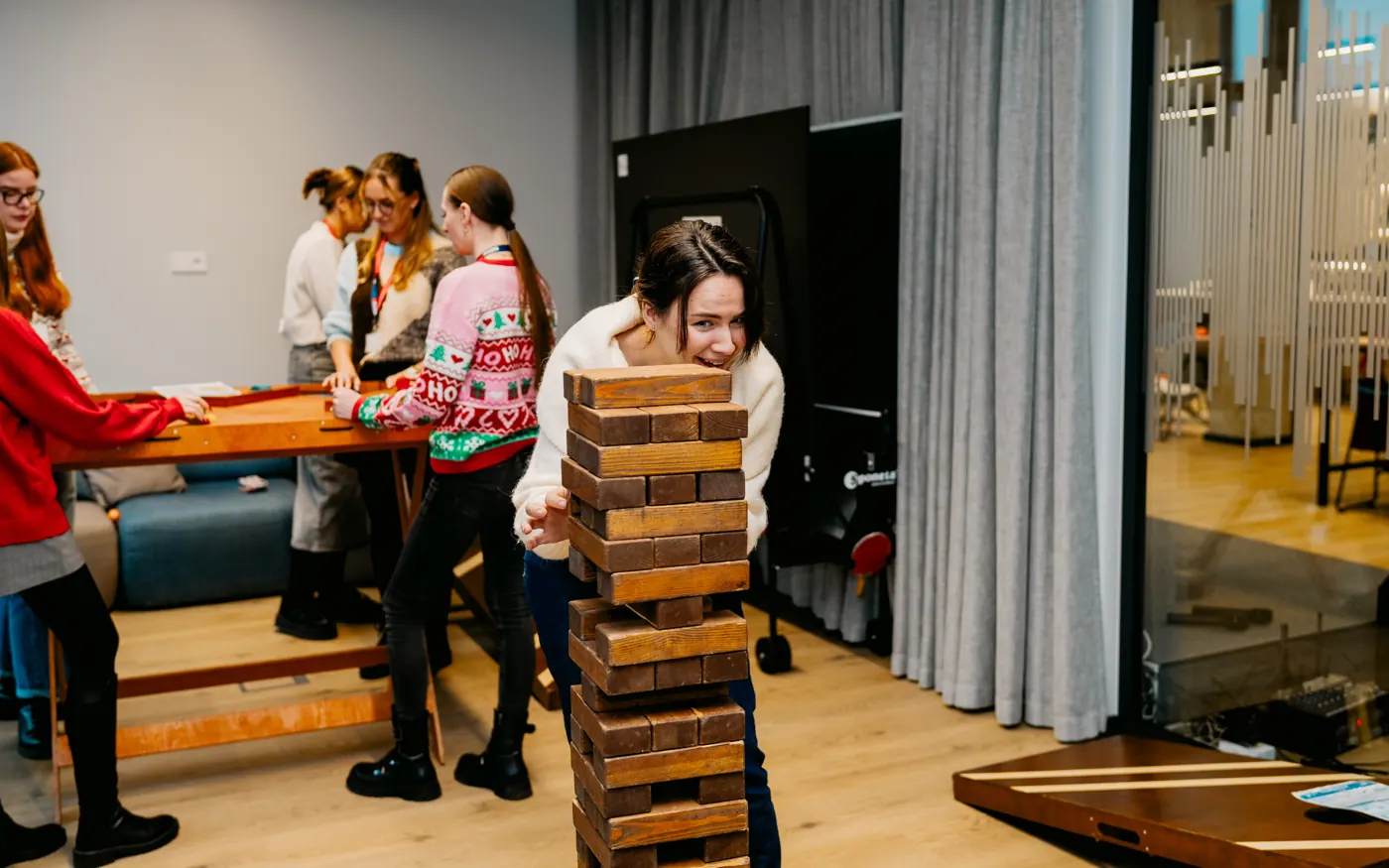 Giant Jenga at the Christmas gathering in the Kaunas office